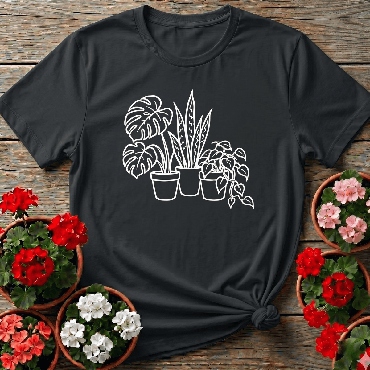 Black minimalist line art houseplant trio tee with monstera snake plant and pothos for indoor plant parents
