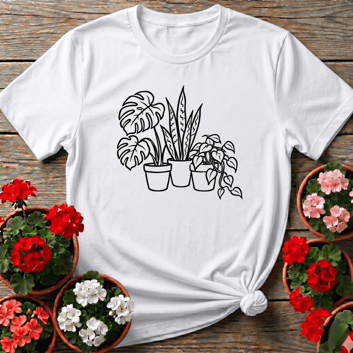 White clean botanical illustration plant trio t-shirt with monstera snake plant and pothos for plant lovers