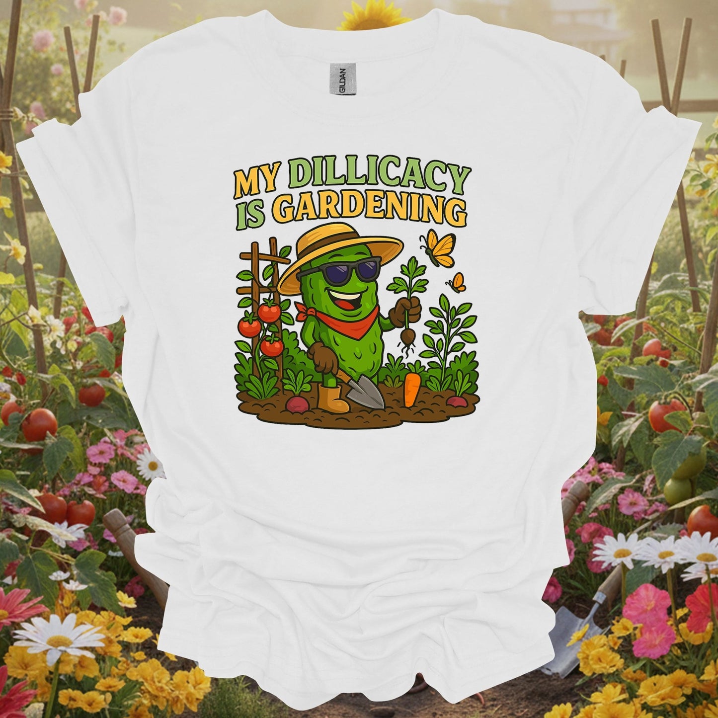 White shirt showing my dillicacy is gardening funny pickle for folks who joke about gardening