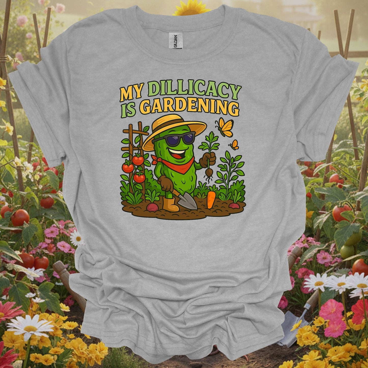 Sport Grey tee showing my dillicacy is gardening funny pickle for lighthearted plant parents