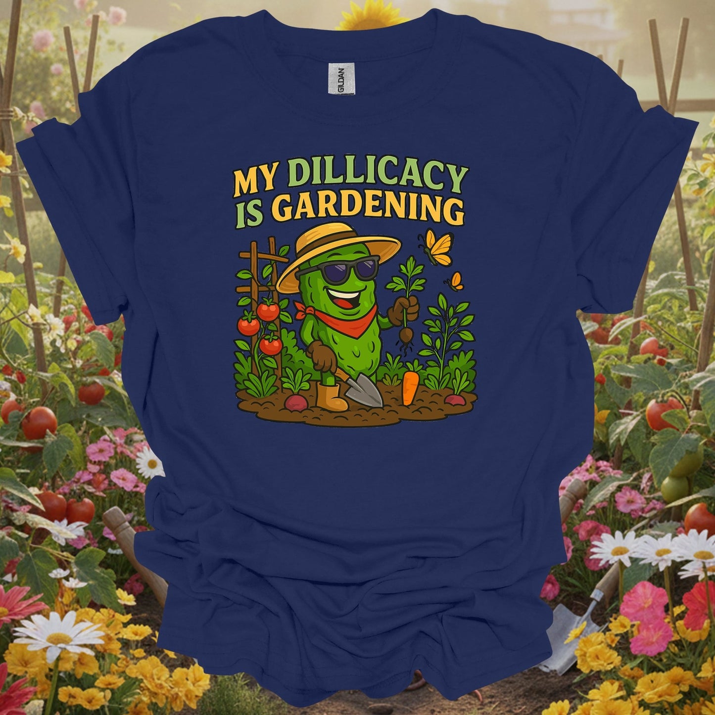 Navy top showing my dillicacy is gardening funny pickle for fun-loving growers