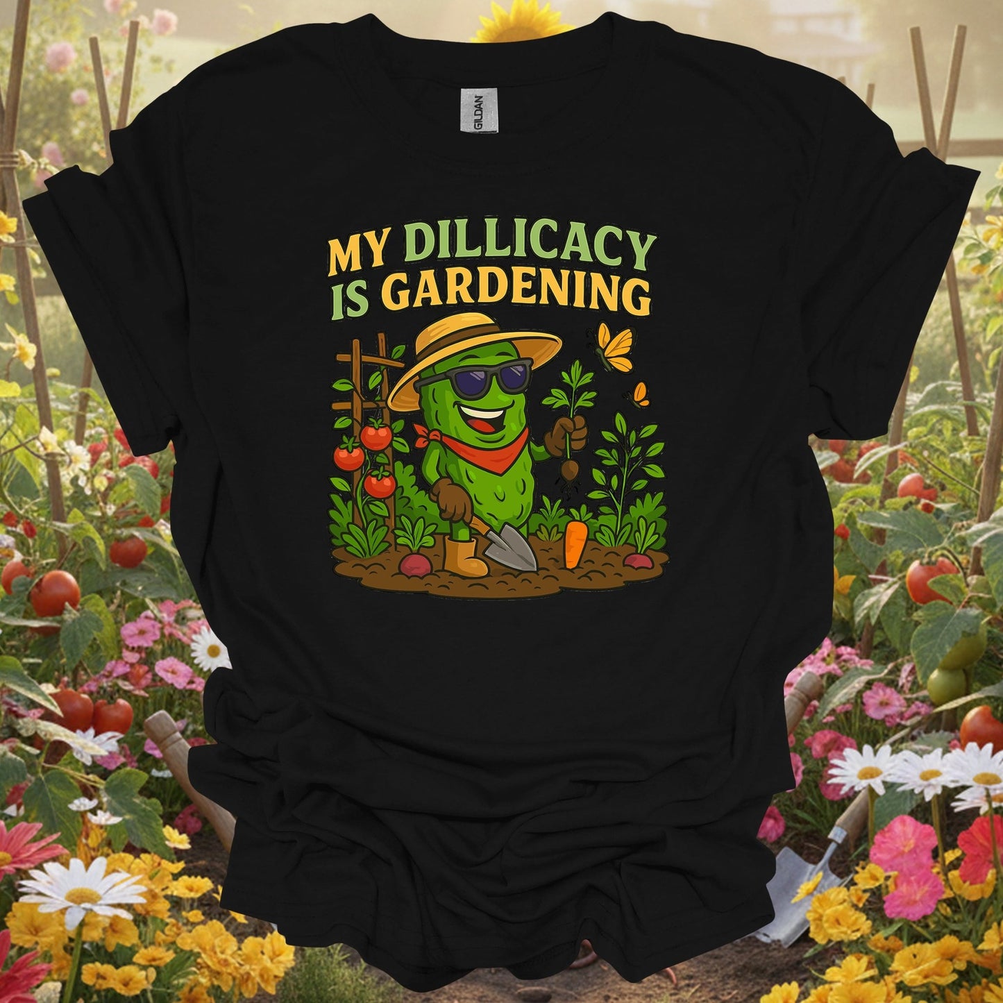 Black top showing my dillicacy is gardening funny pickle for humorous gardeners