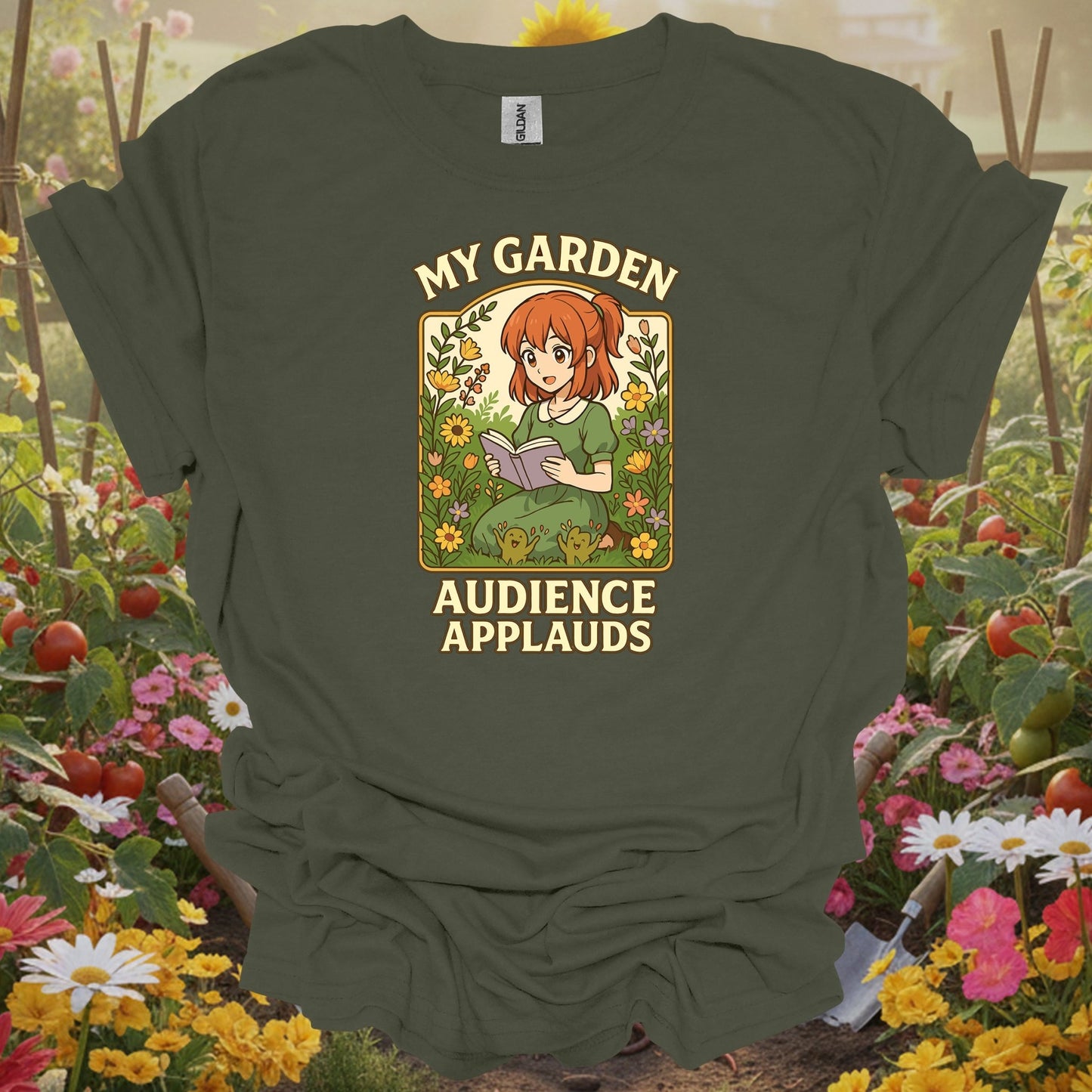 Military Green tshirt showing acknowledge your botanical performance with this beautiful anime-inspired design for garden club members meeting fellow enthusiasts