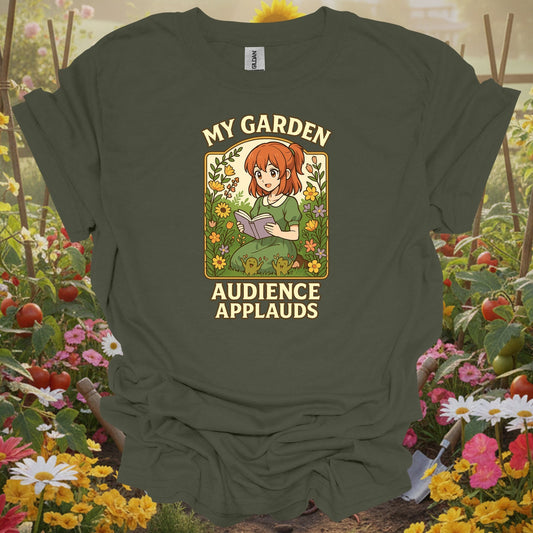 Military Green tshirt showing acknowledge your botanical performance with this beautiful anime-inspired design for garden club members meeting fellow enthusiasts