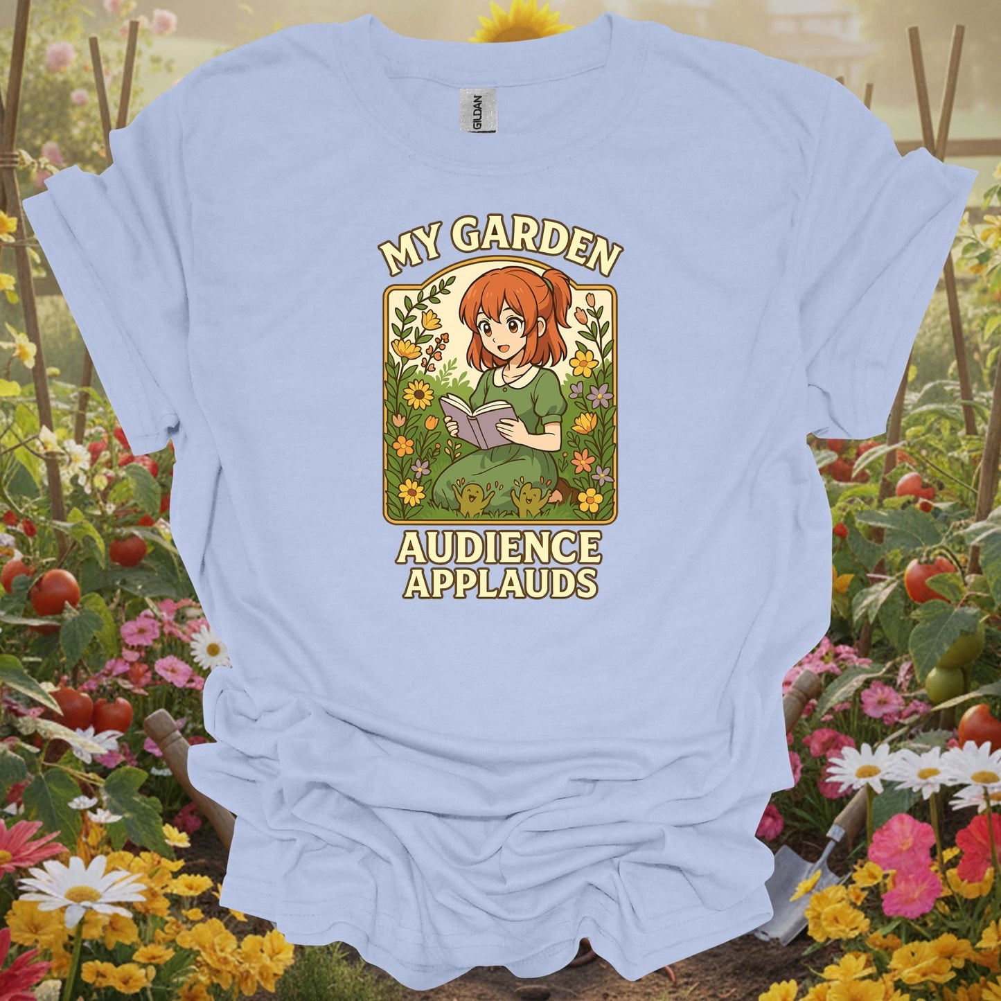 LIght blue tshirt showing acknowledge your botanical performance with this beautiful anime-inspired design for garden club members meeting fellow enthusiasts