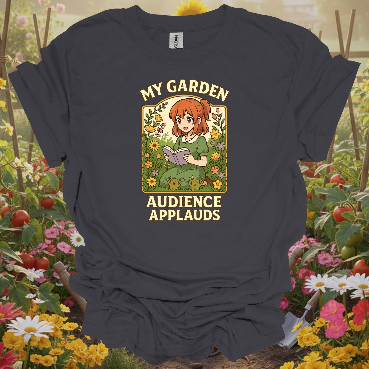 Charcoal tshirt showing acknowledge your botanical performance with this beautiful anime-inspired design for garden club members meeting fellow enthusiasts