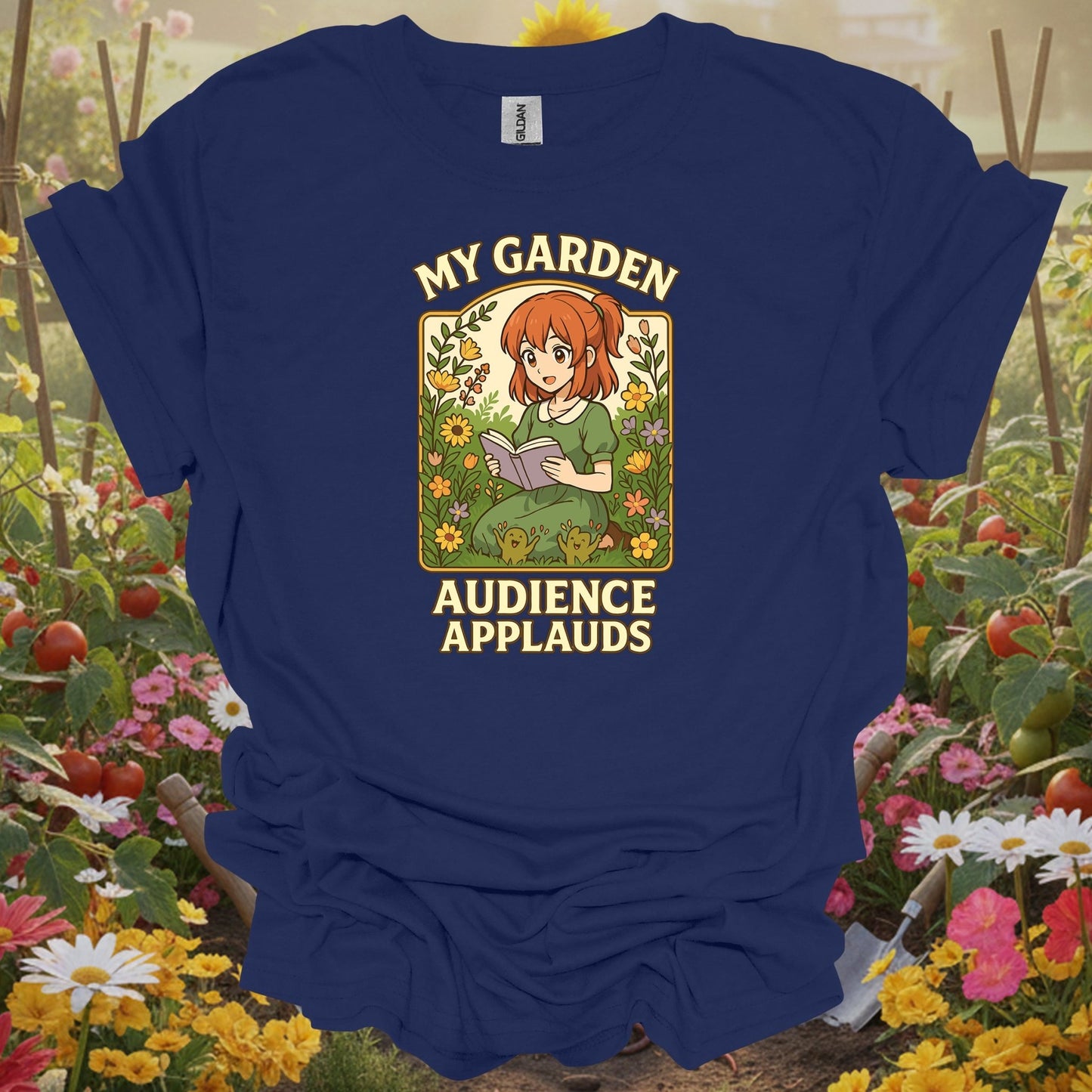 Navy tshirt showing acknowledge your botanical performance with this beautiful anime-inspired design for garden club members meeting fellow enthusiasts