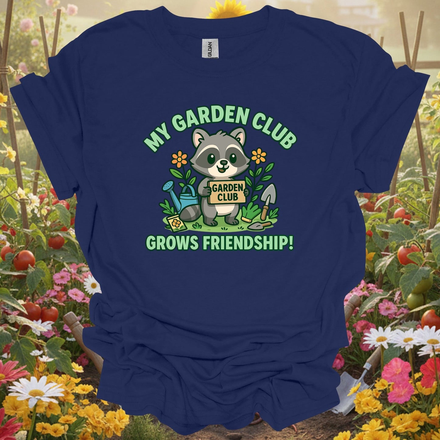 Navy top showing my garden club grows friendship raccoon for green thumb folks