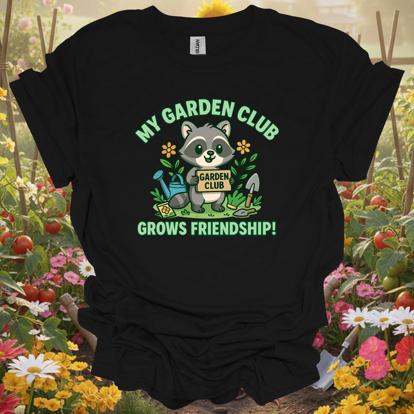 Black shirt showing my garden club grows friendship raccoon for outdoor enthusiasts