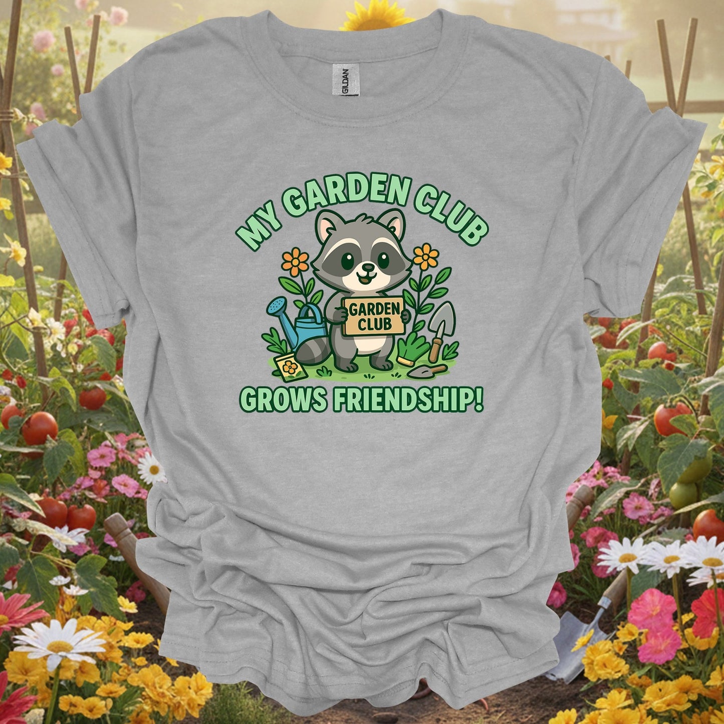 Sport Grey tshirt showing my garden club grows friendship raccoon for gardening enthusiasts