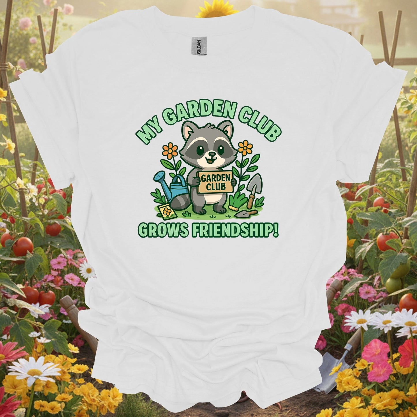 White tee showing my garden club grows friendship raccoon for garden hobbyists