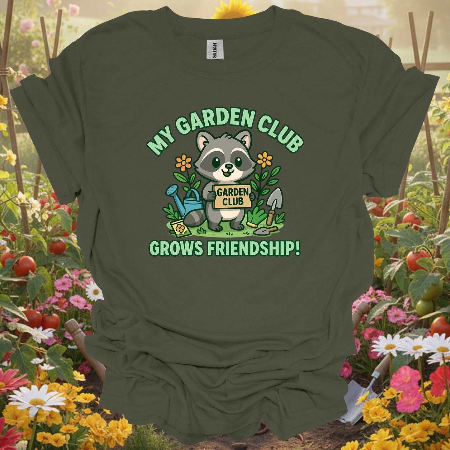 Military Green top showing my garden club grows friendship raccoon for nature lovers
