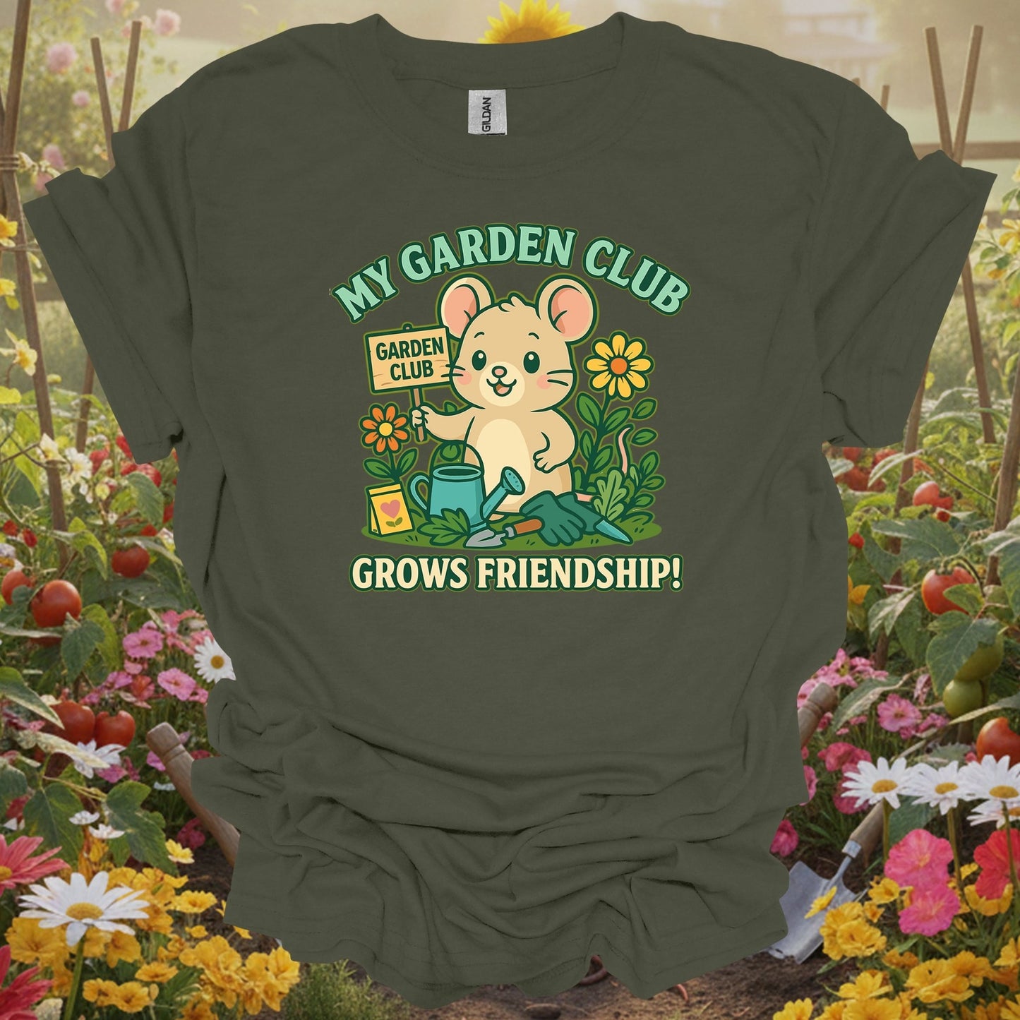Military Green top showing my garden club grows friendship cute mouse for folks who appreciate kawaii art