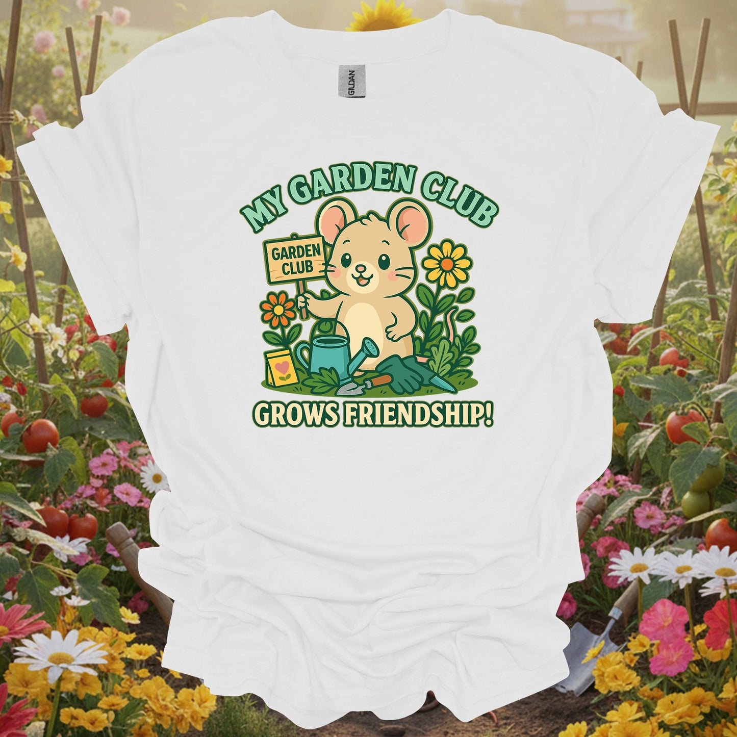 White shirt showing my garden club grows friendship cute mouse for cheerful growers