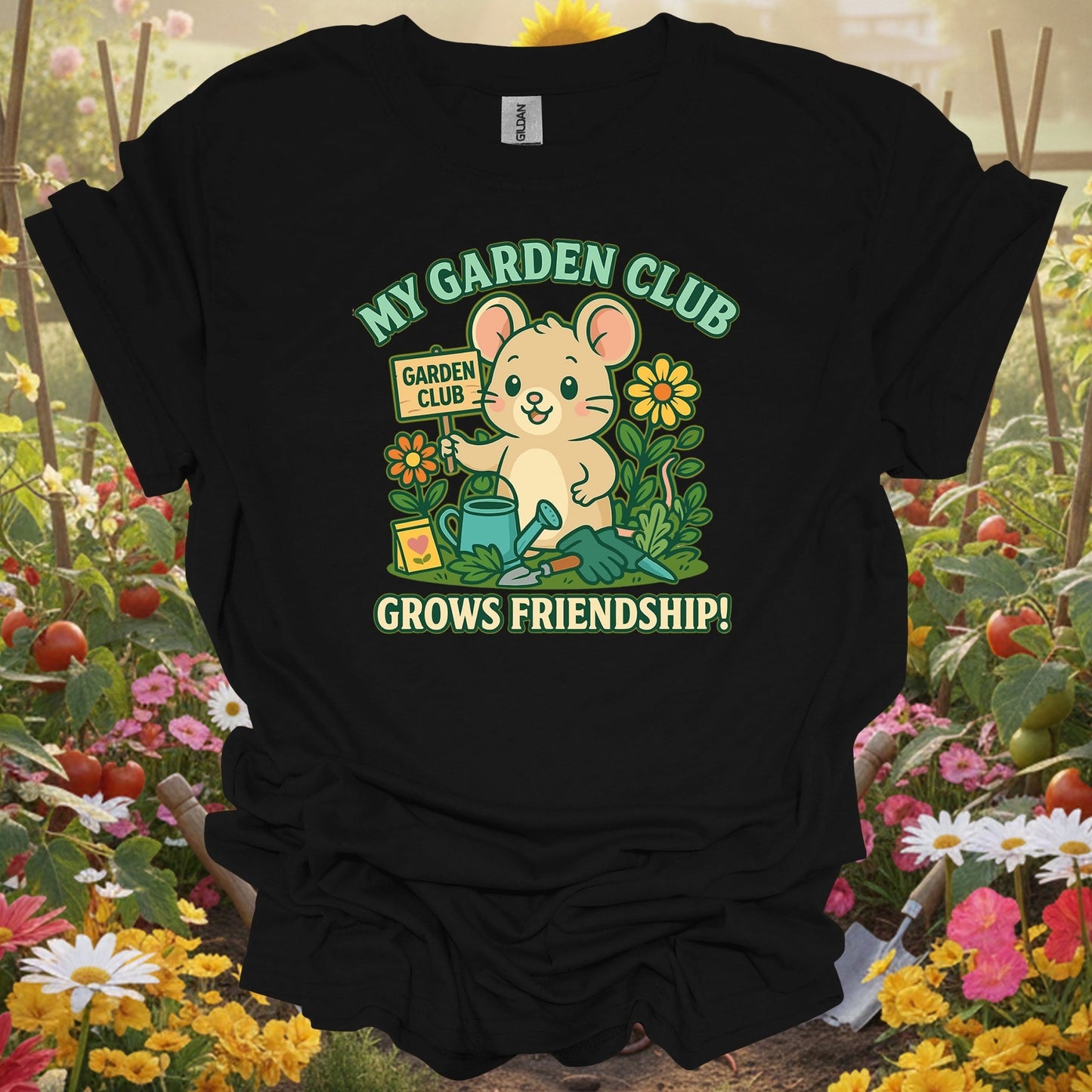 Black tshirt showing my garden club grows friendship cute mouse for kawaii fans