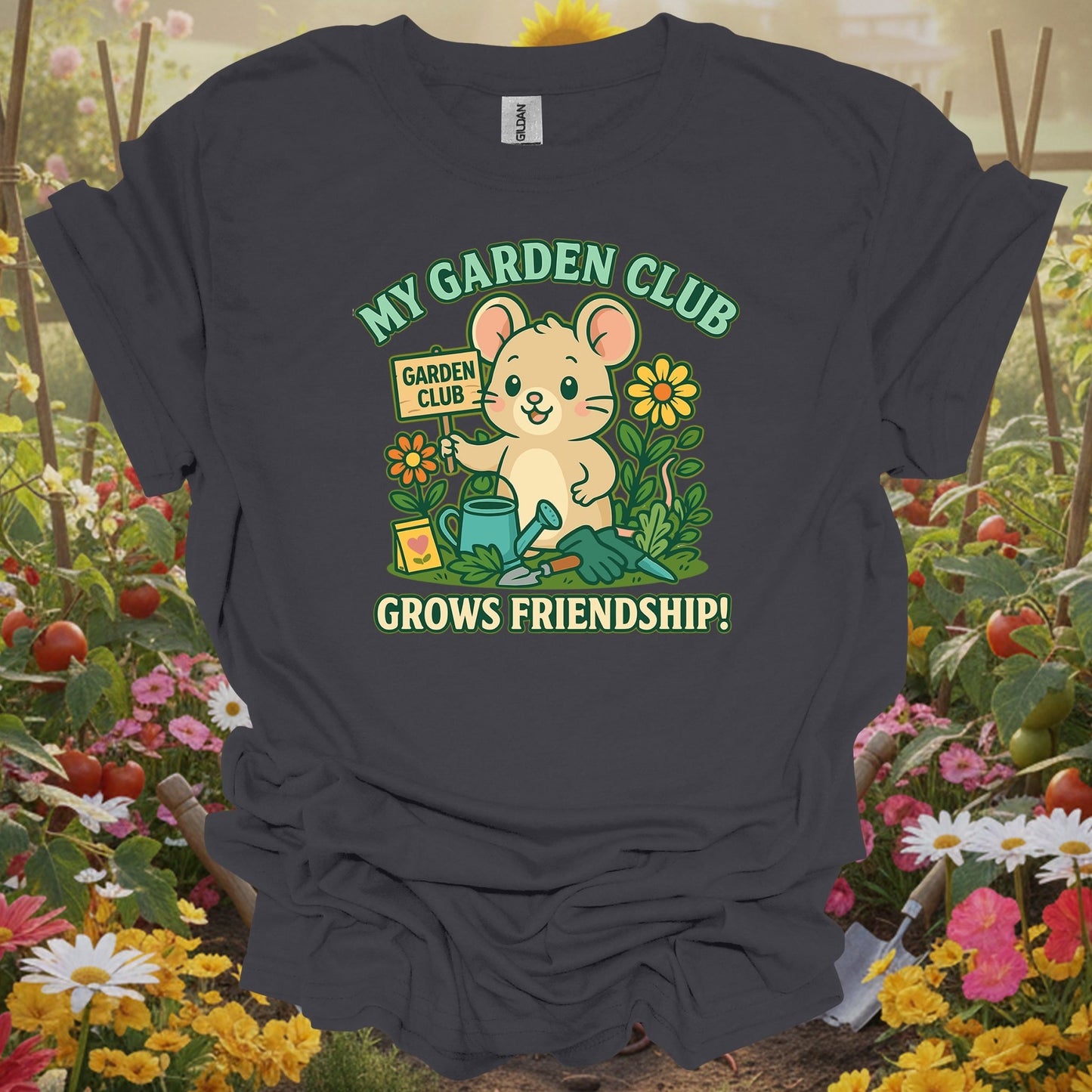 Charcoal tee showing my garden club grows friendship cute mouse for cute design lovers