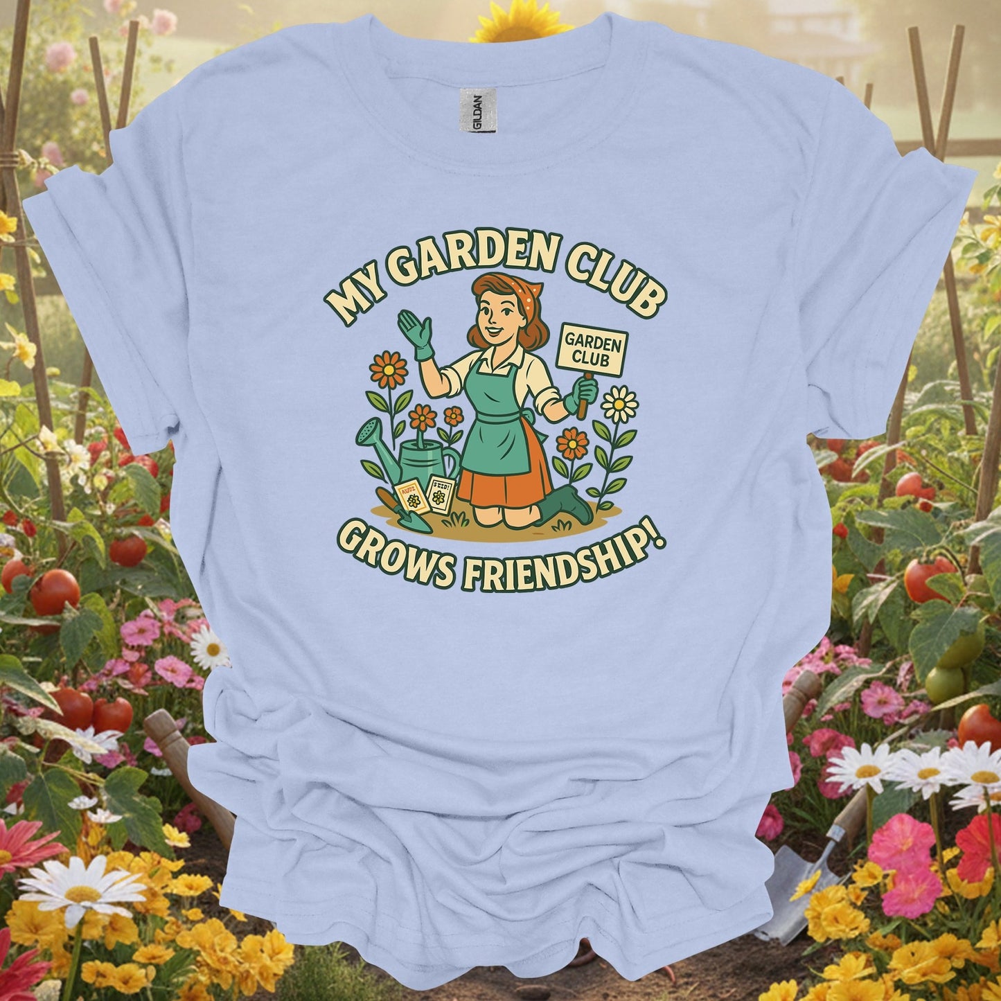 Light Blue shirt showing my garden club grows friendship pin-up for home gardeners