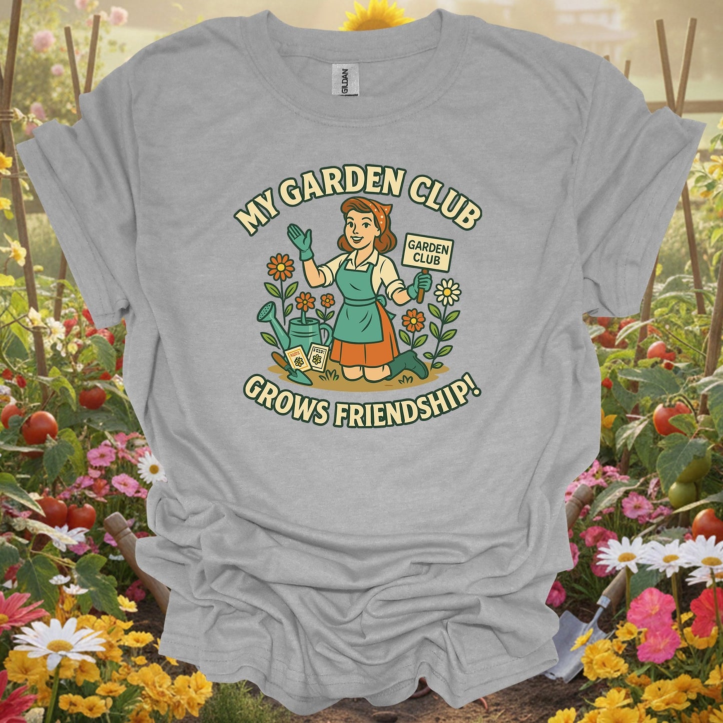 Sport Grey tee showing my garden club grows friendship pin-up for garden hobbyists