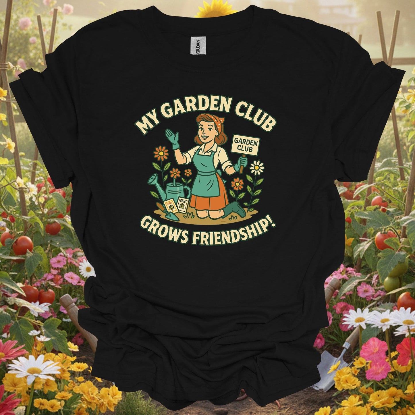 Black top showing my garden club grows friendship pin-up for nature lovers
