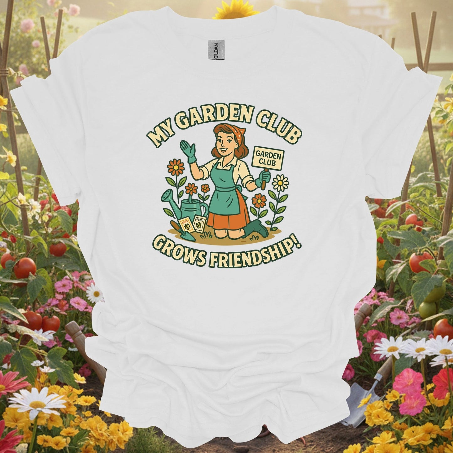 White shirt showing my garden club grows friendship pin-up for outdoor enthusiasts