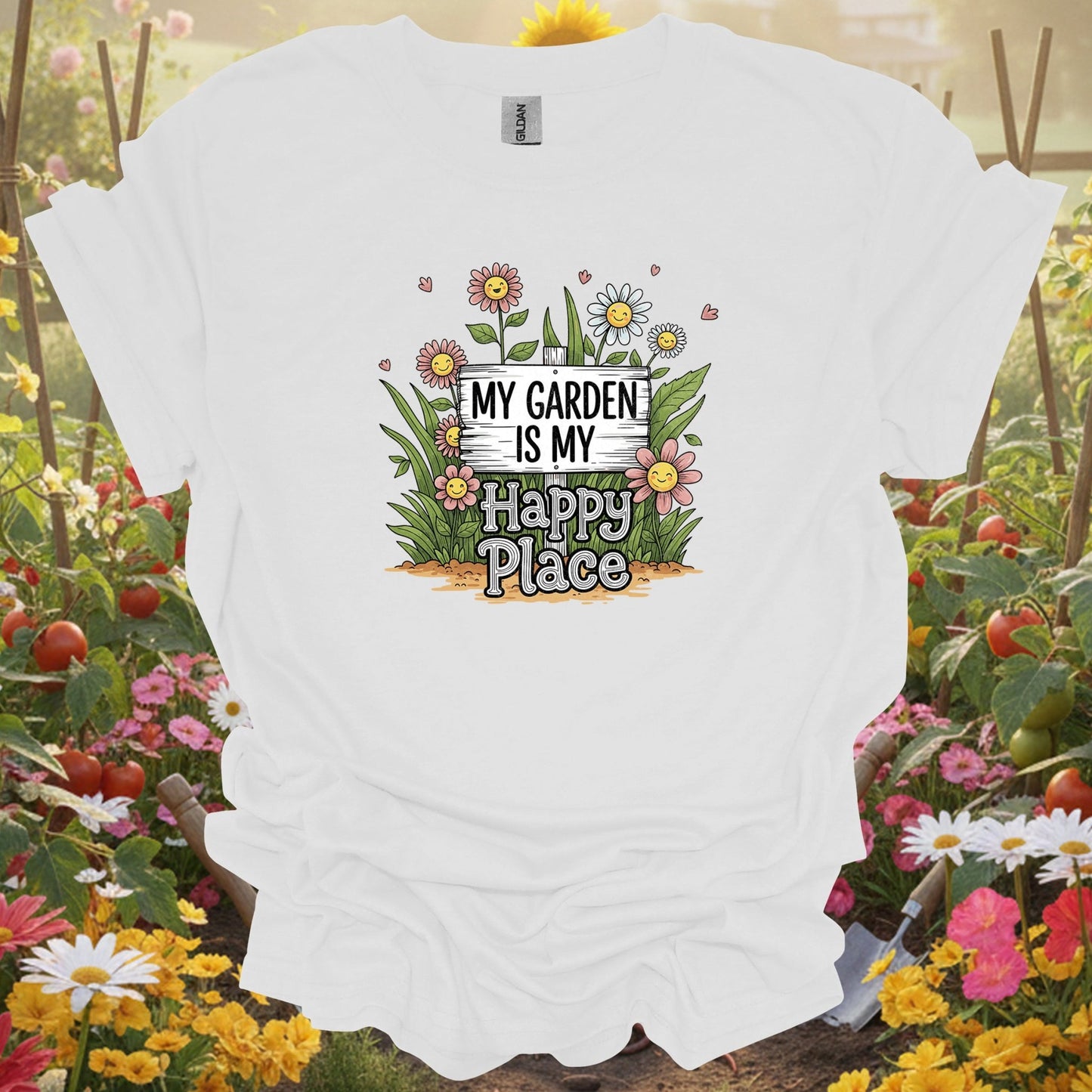 "My Garden Is My Happy Place" Whimsical Garden T-Shirt - GardeningTshirts