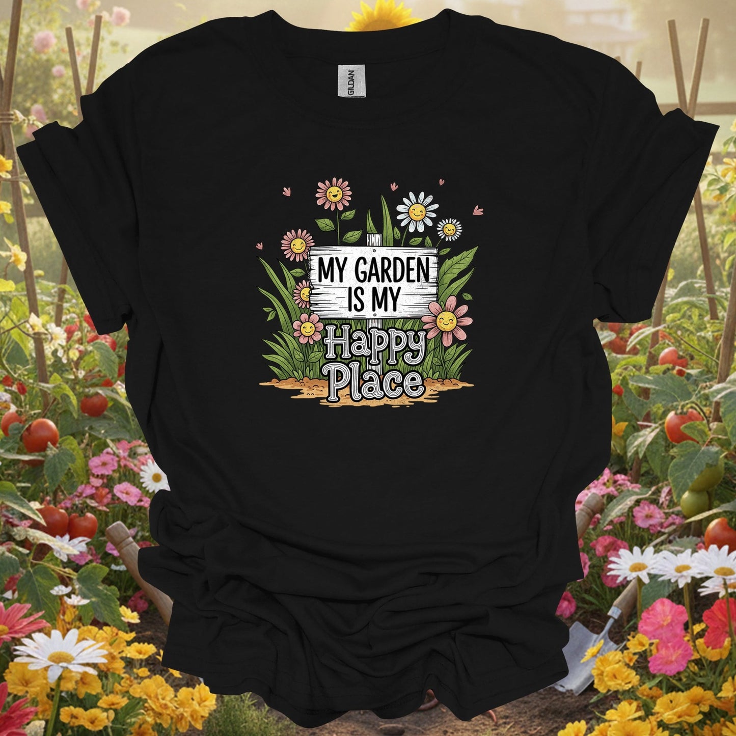 "My Garden Is My Happy Place" Whimsical Garden T-Shirt - GardeningTshirts