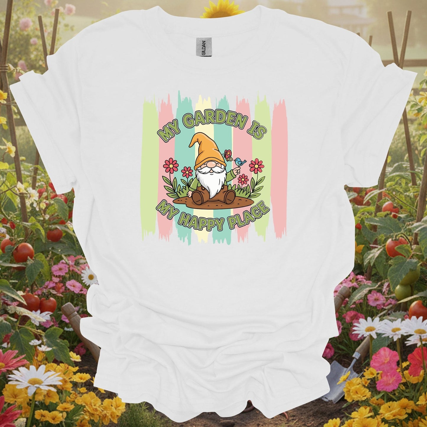 White tshirt showing a friendly garden gnome who represents the patient and joyful spirit of a well-tended yard for donors providing resources