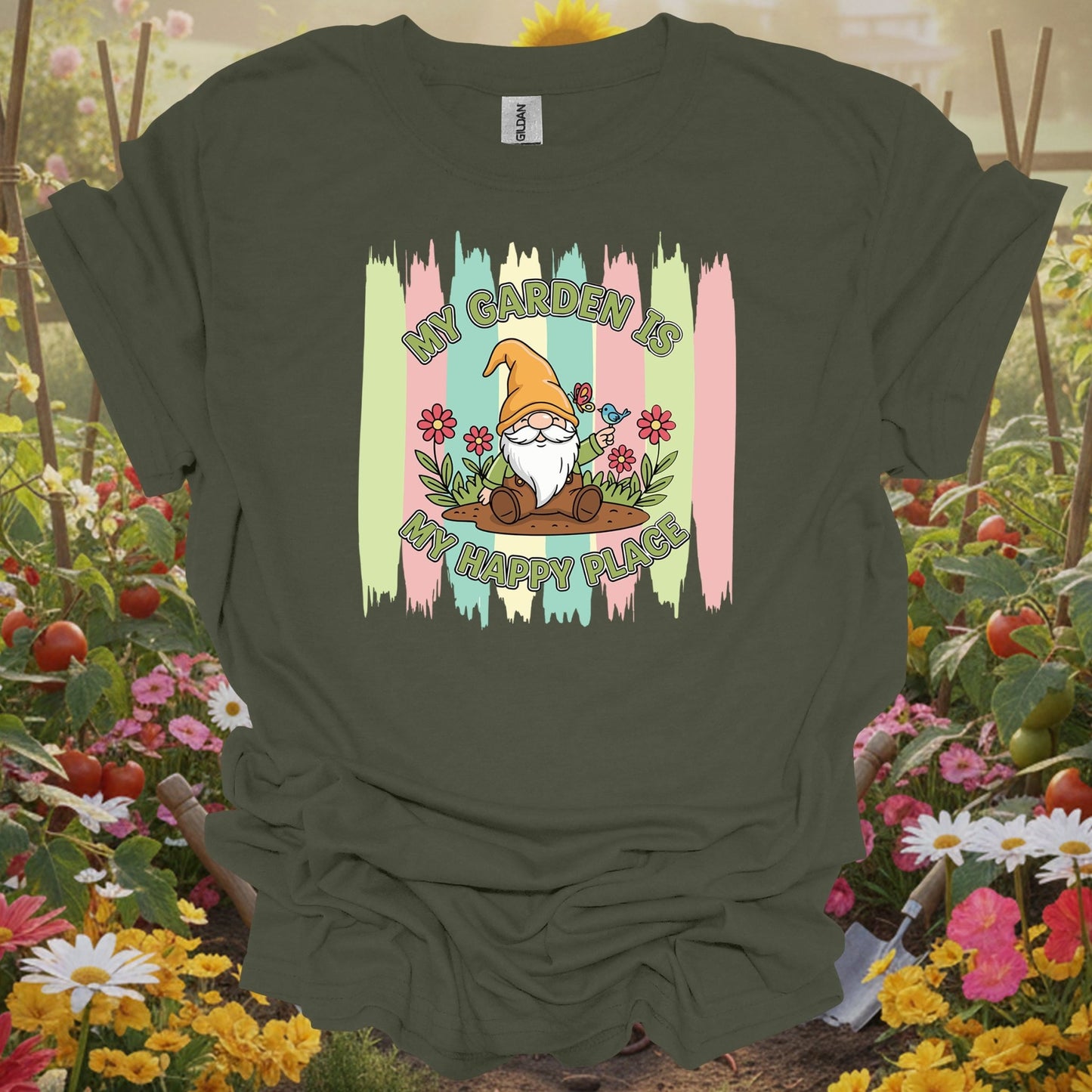 Military green tshirt showing a friendly garden gnome who represents the patient and joyful spirit of a well-tended yard for donors providing resources