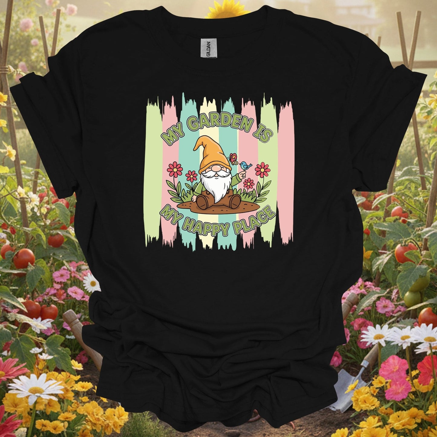 Black tshirt showing a friendly garden gnome who represents the patient and joyful spirit of a well-tended yard for donors providing resources