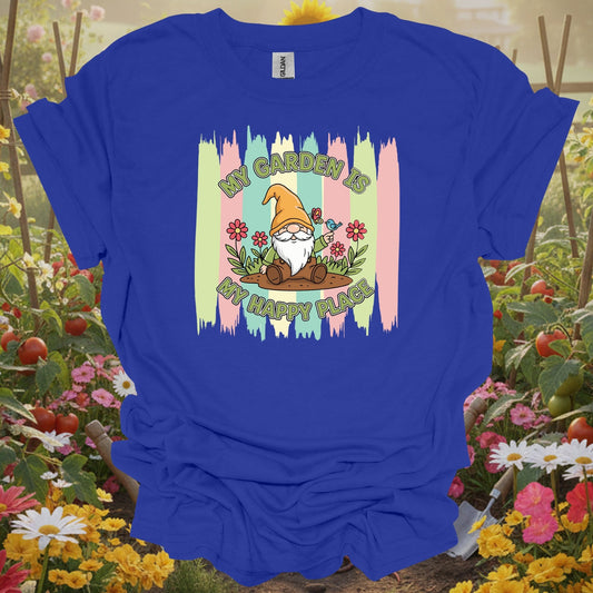 Royal tshirt showing a friendly garden gnome who represents the patient and joyful spirit of a well-tended yard for donors providing resources