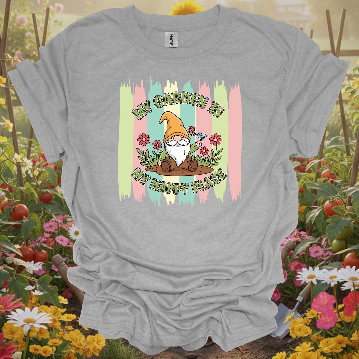 Sport gray tshirt showing a friendly garden gnome who represents the patient and joyful spirit of a well-tended yard for donors providing resources