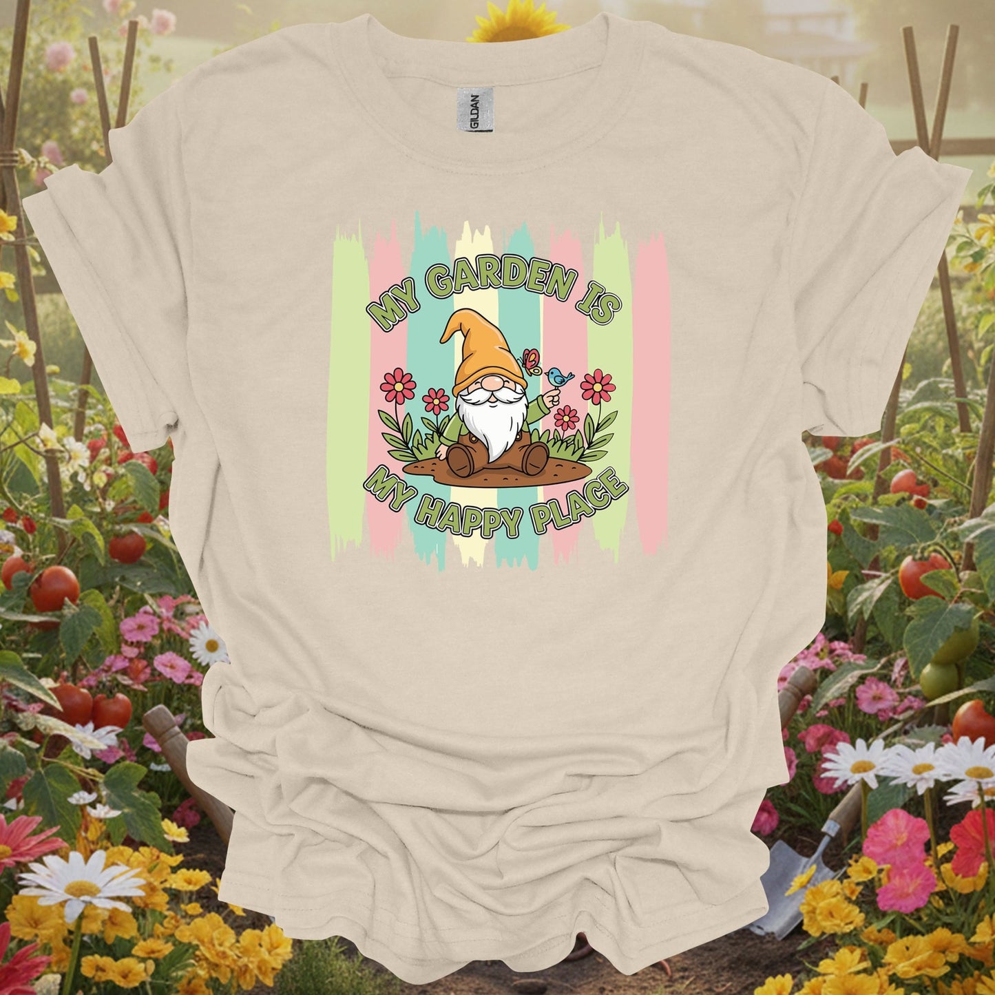 Natural tshirt showing a friendly garden gnome who represents the patient and joyful spirit of a well-tended yard for donors providing resources