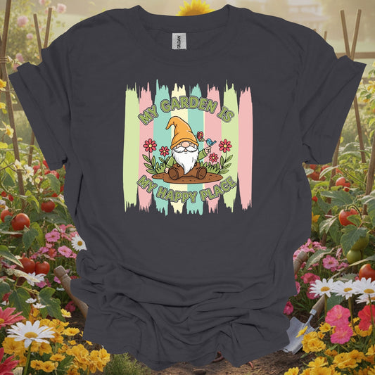 Charcoal tshirt showing a friendly garden gnome who represents the patient and joyful spirit of a well-tended yard for donors providing resources