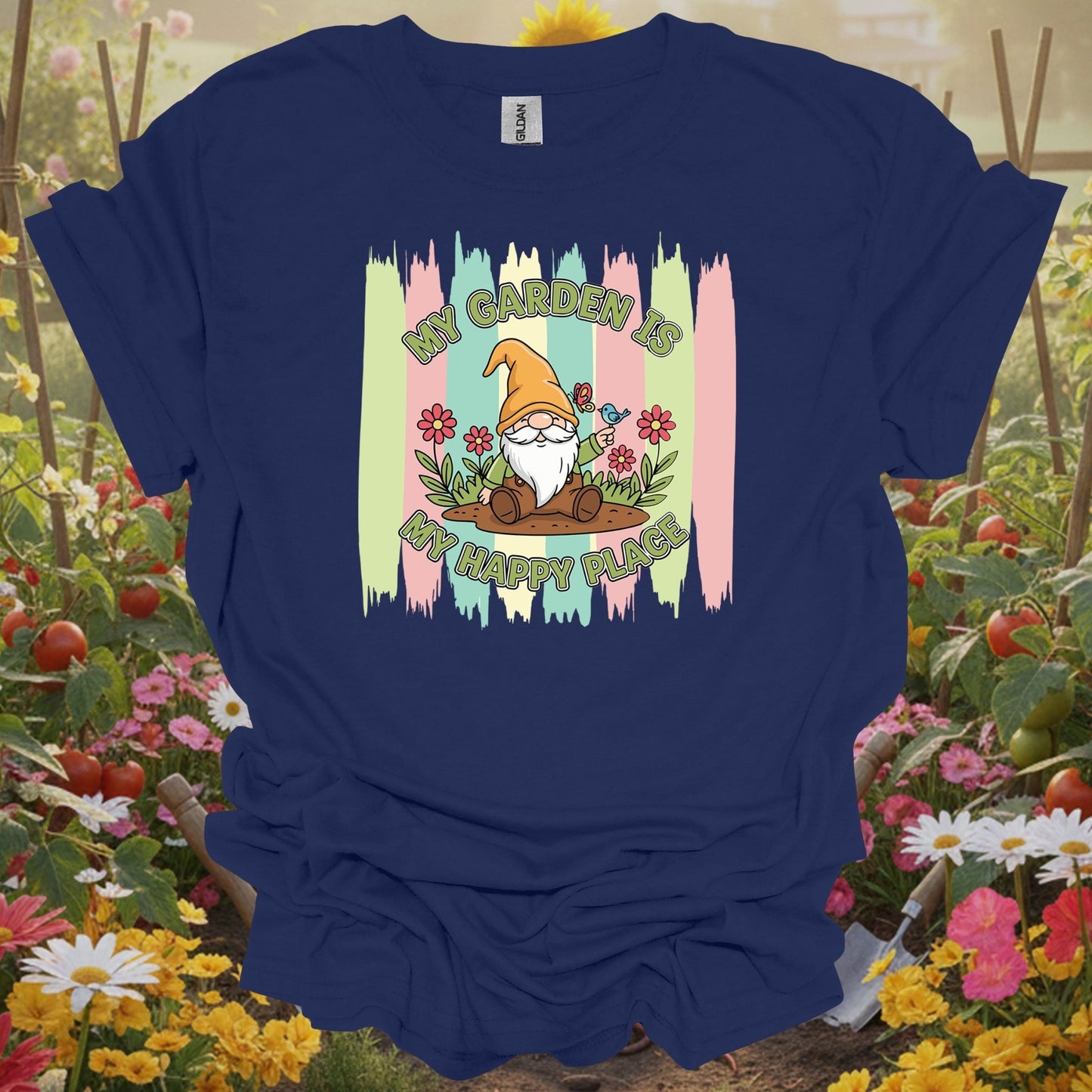 Navy tshirt showing a friendly garden gnome who represents the patient and joyful spirit of a well-tended yard for donors providing resources