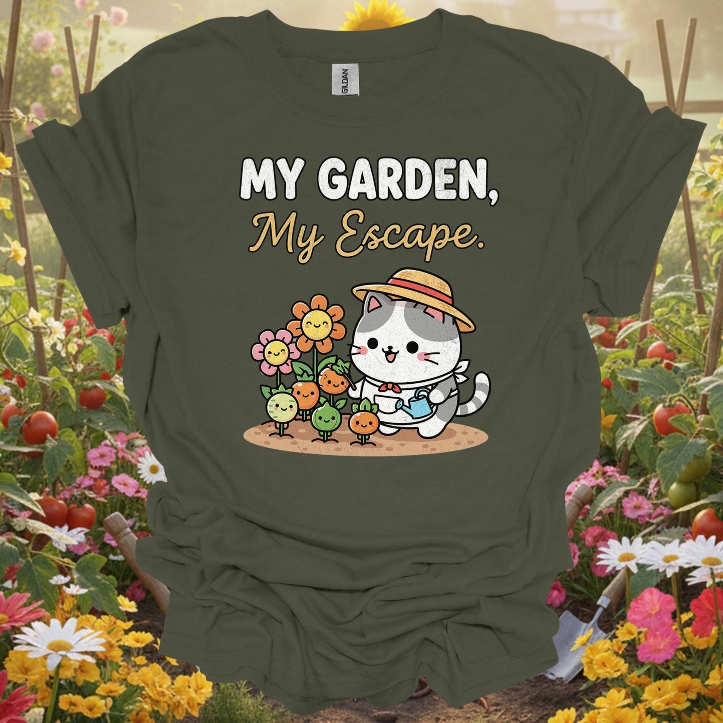"My Garden My Escape" Cute Cat Gardener T-Shirt - GardeningTshirts