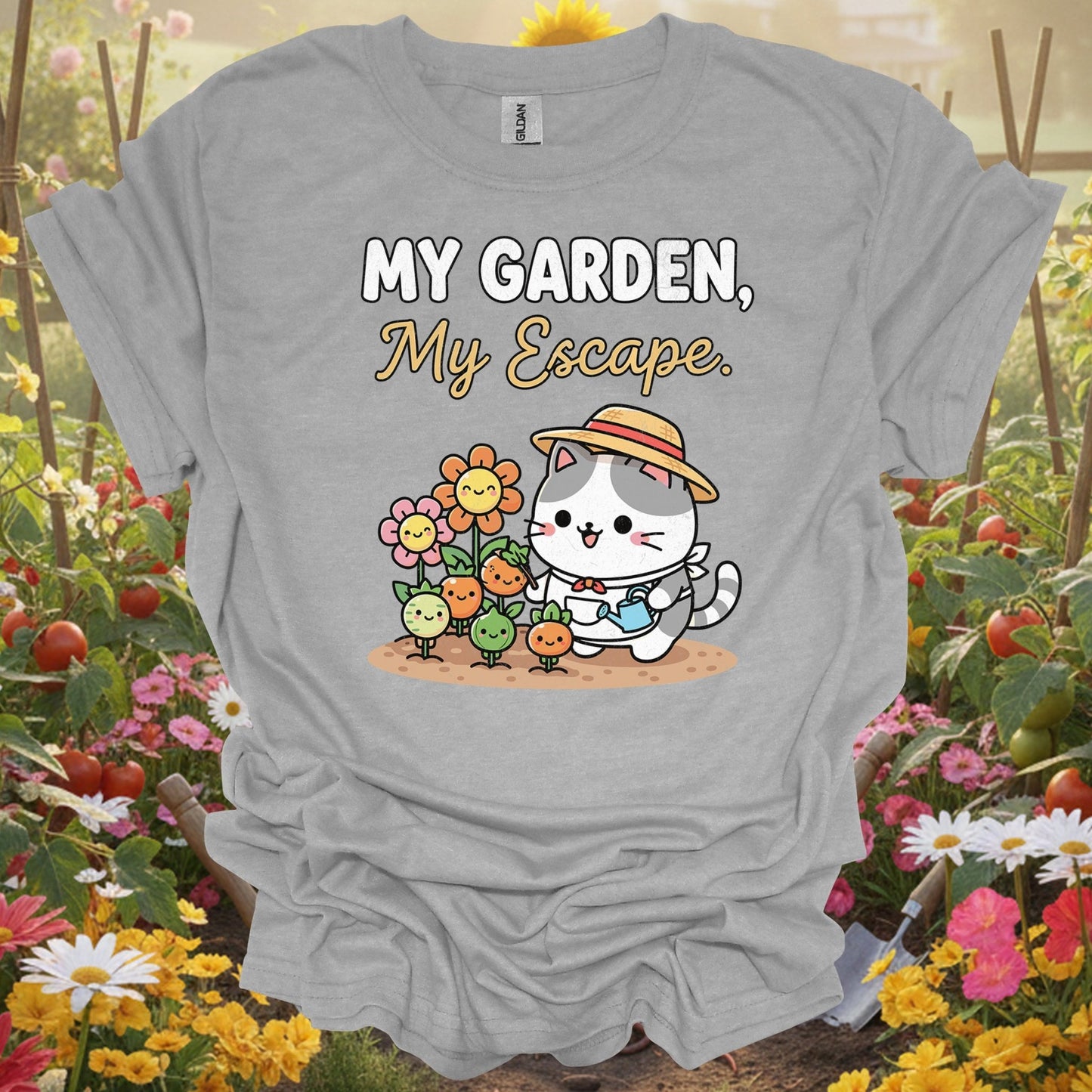 "My Garden My Escape" Cute Cat Gardener T-Shirt - GardeningTshirts
