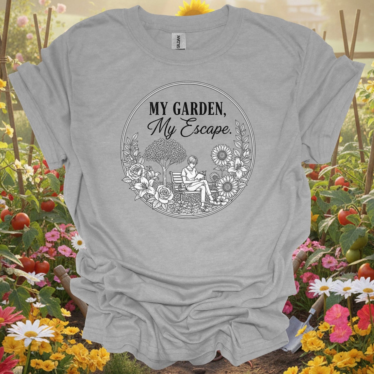 "My Garden My Escape" Peaceful Line Art Floral Retreat Shirt - GardeningTshirts