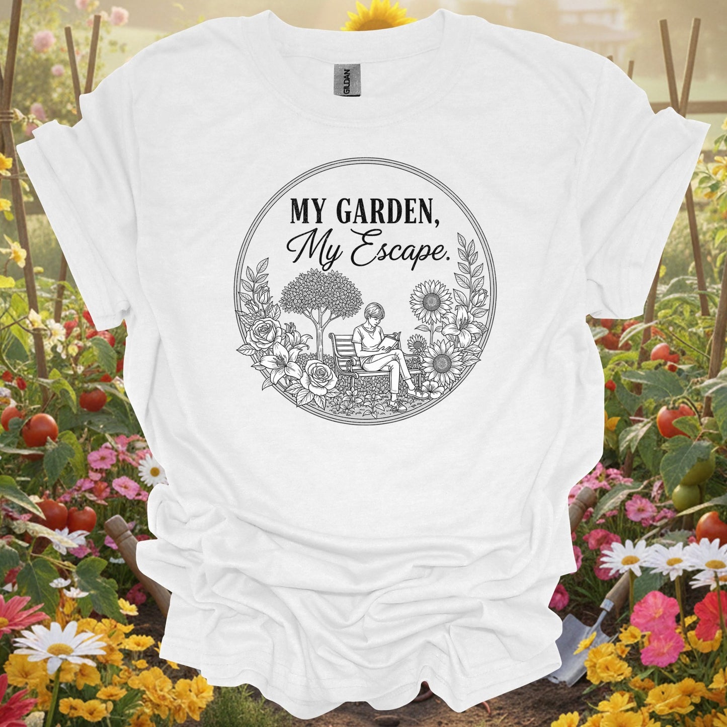 "My Garden My Escape" Peaceful Line Art Floral Retreat Shirt - GardeningTshirts