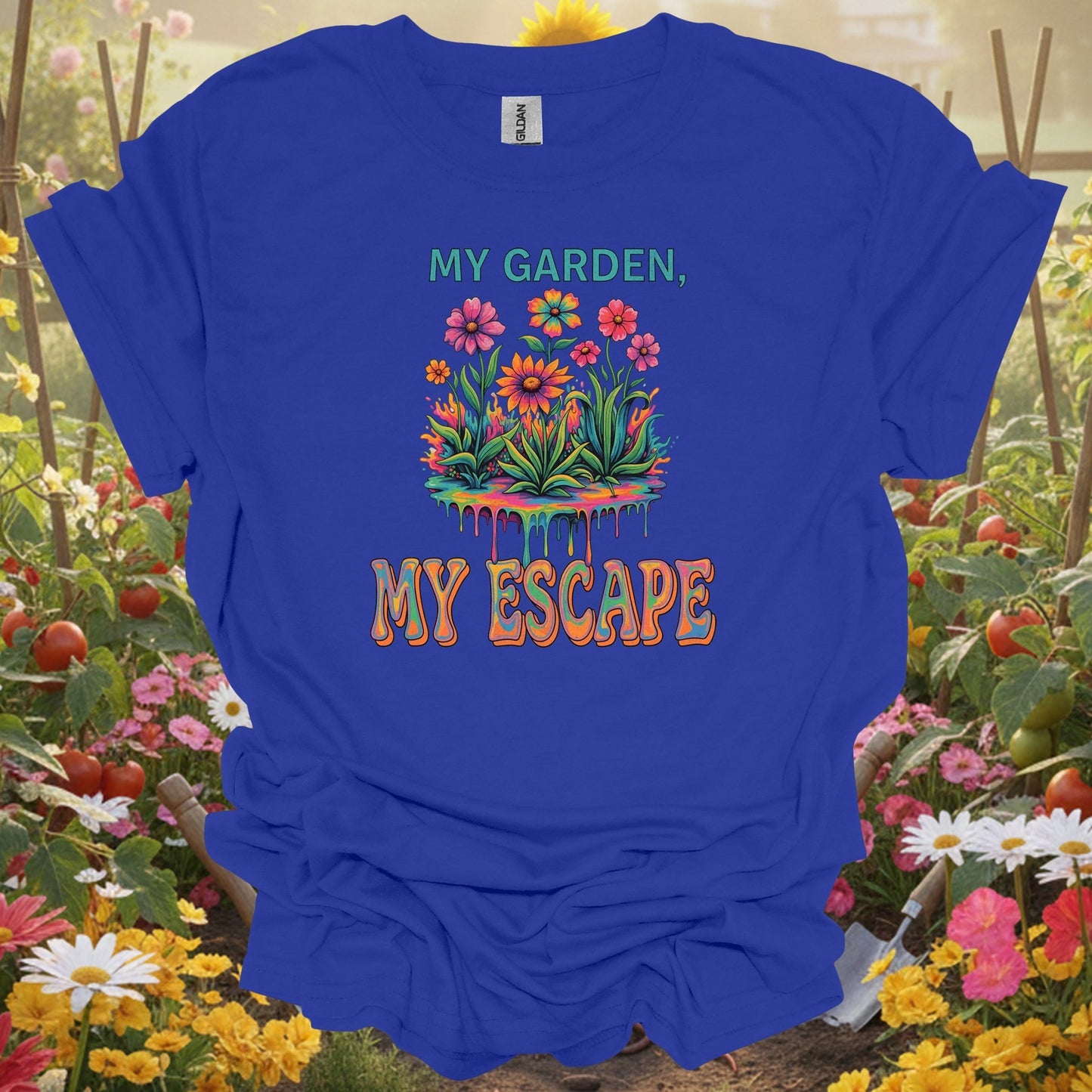 "My Garden My Escape" Psychedelic Vibrant Groovy Gardening Sanctuary T-Shirt - GardeningTshirts