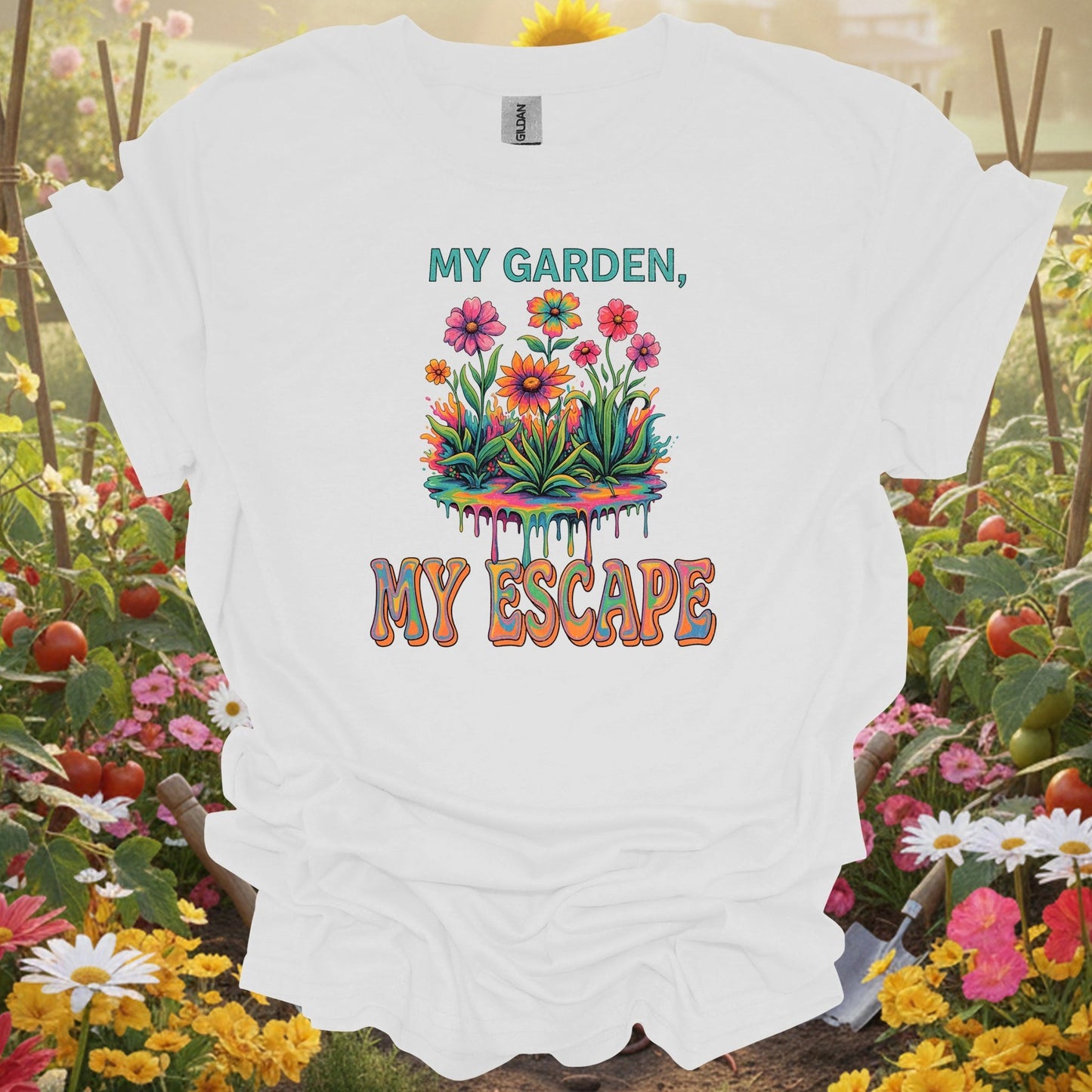 "My Garden My Escape" Psychedelic Vibrant Groovy Gardening Sanctuary T-Shirt - GardeningTshirts