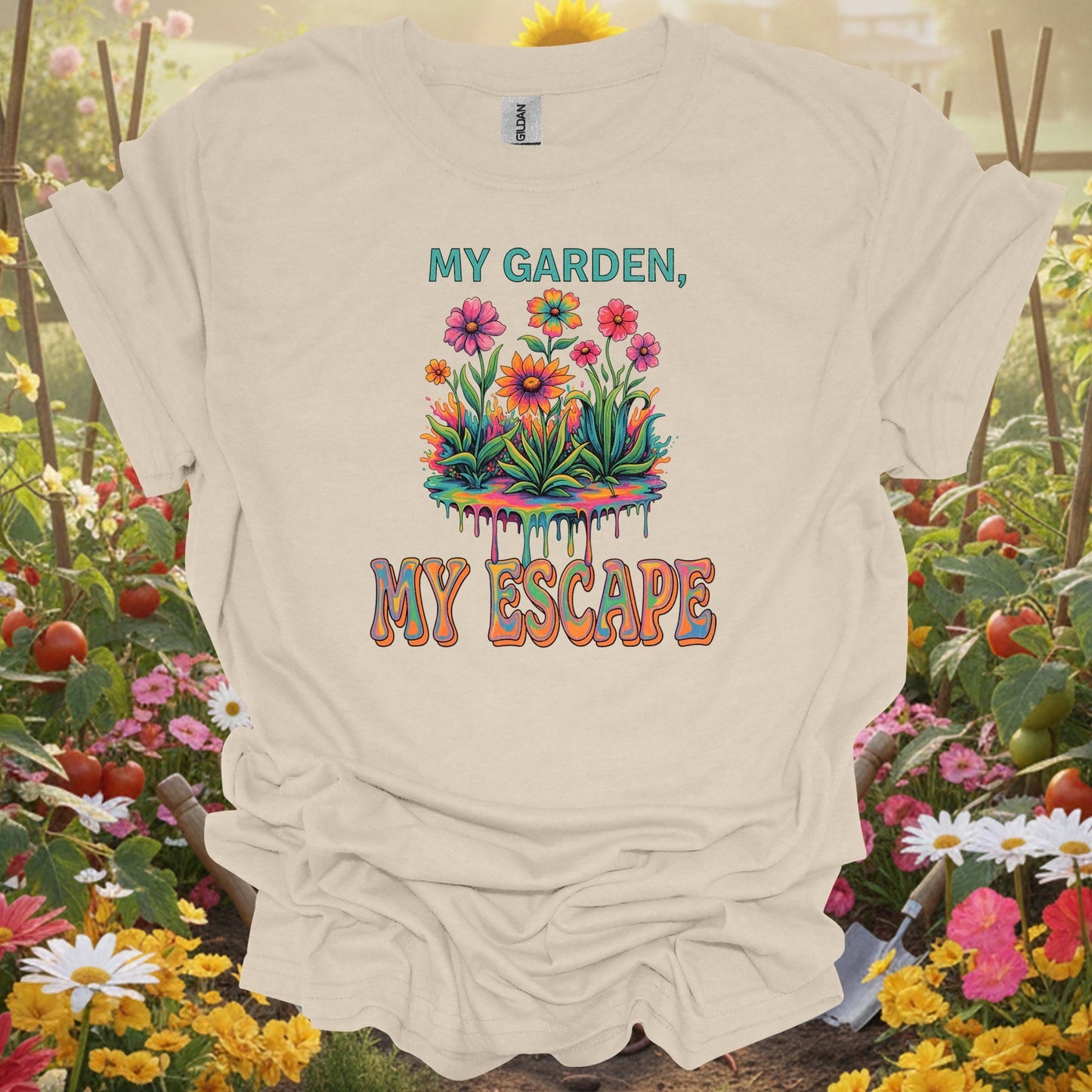 "My Garden My Escape" Psychedelic Vibrant Groovy Gardening Sanctuary T-Shirt - GardeningTshirts