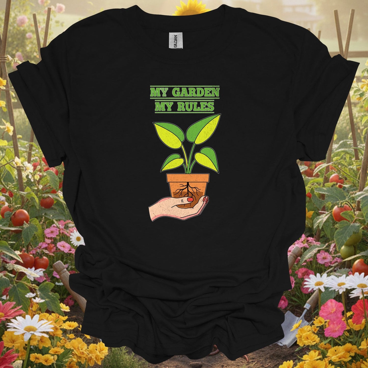 Black tshirt showing my garden my rules bold statement for gardening enthusiasts