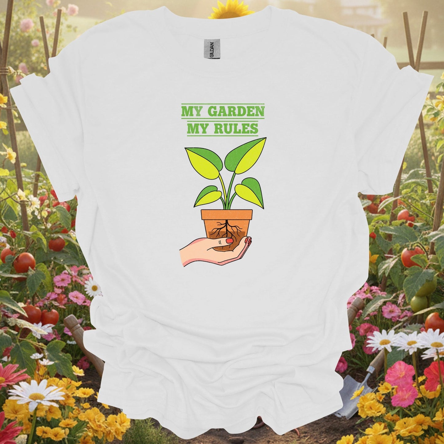 White shirt showing my garden my rules bold statement for outdoor enthusiasts