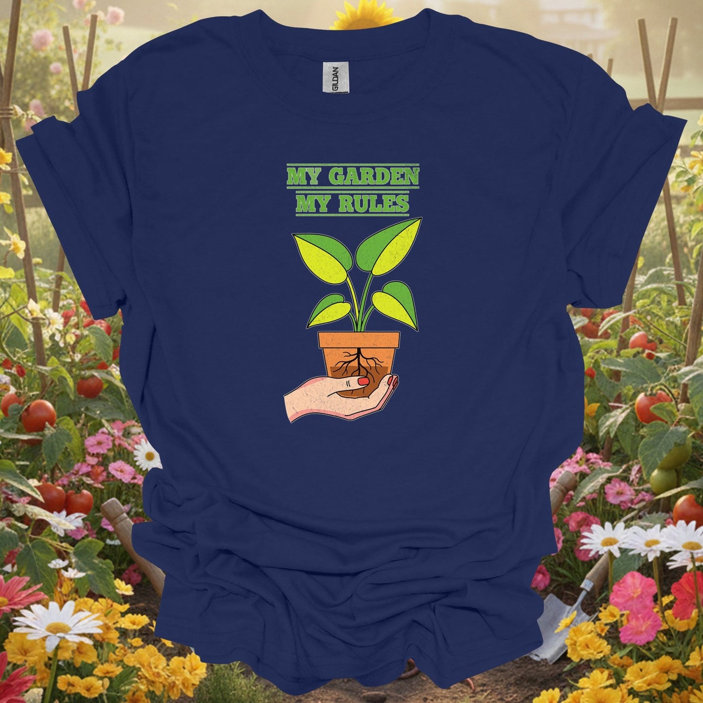 Navy top showing my garden my rules bold statement for green thumb folks