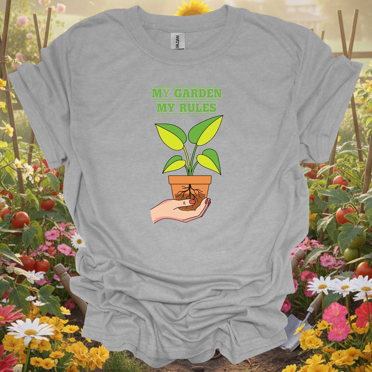 Sport Grey tee showing my garden my rules bold statement for garden hobbyists