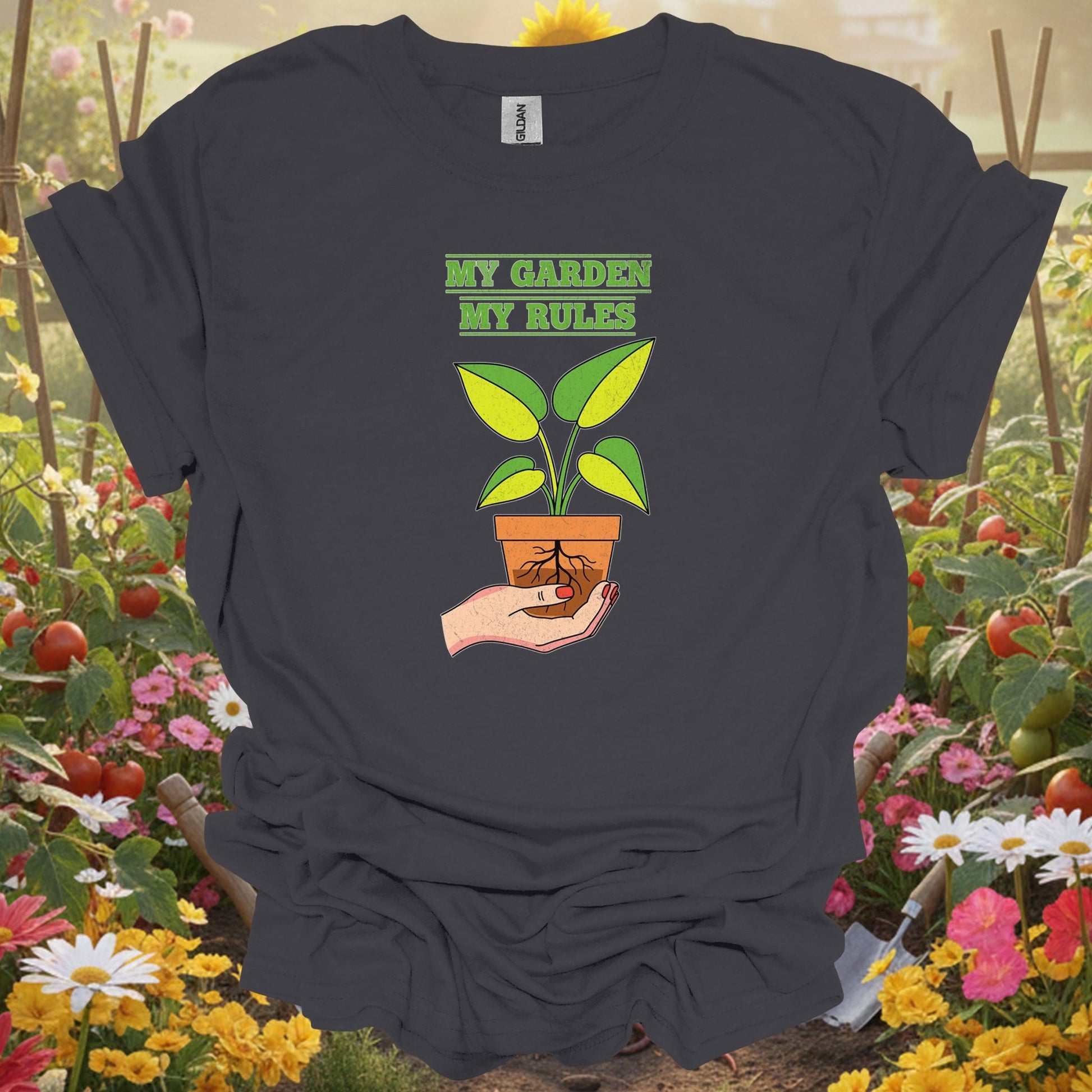 Charcoal tee showing my garden my rules bold statement for plant lovers