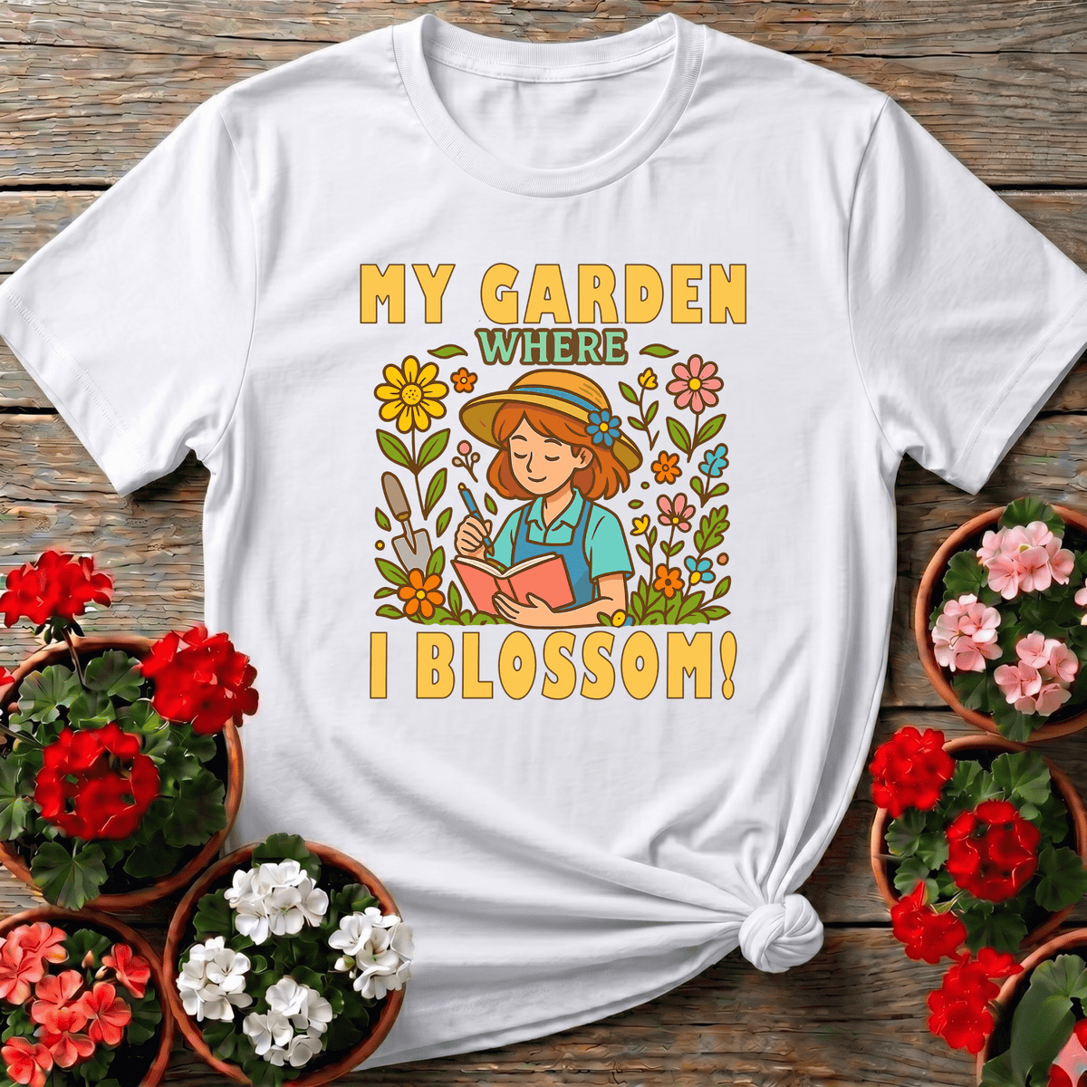 White vintage floral illustrative t-shirt with "My Garden Where I Blossom" for peaceful garden lovers