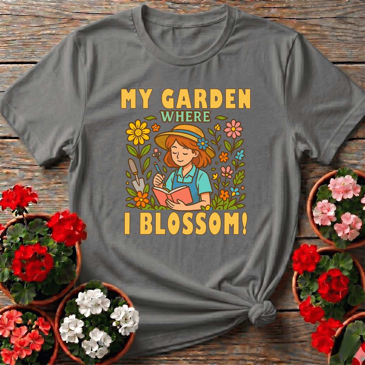 Sport Gray hand-drawn floral gardening shirt with "My Garden Where I Blossom" for slow-living gardeners