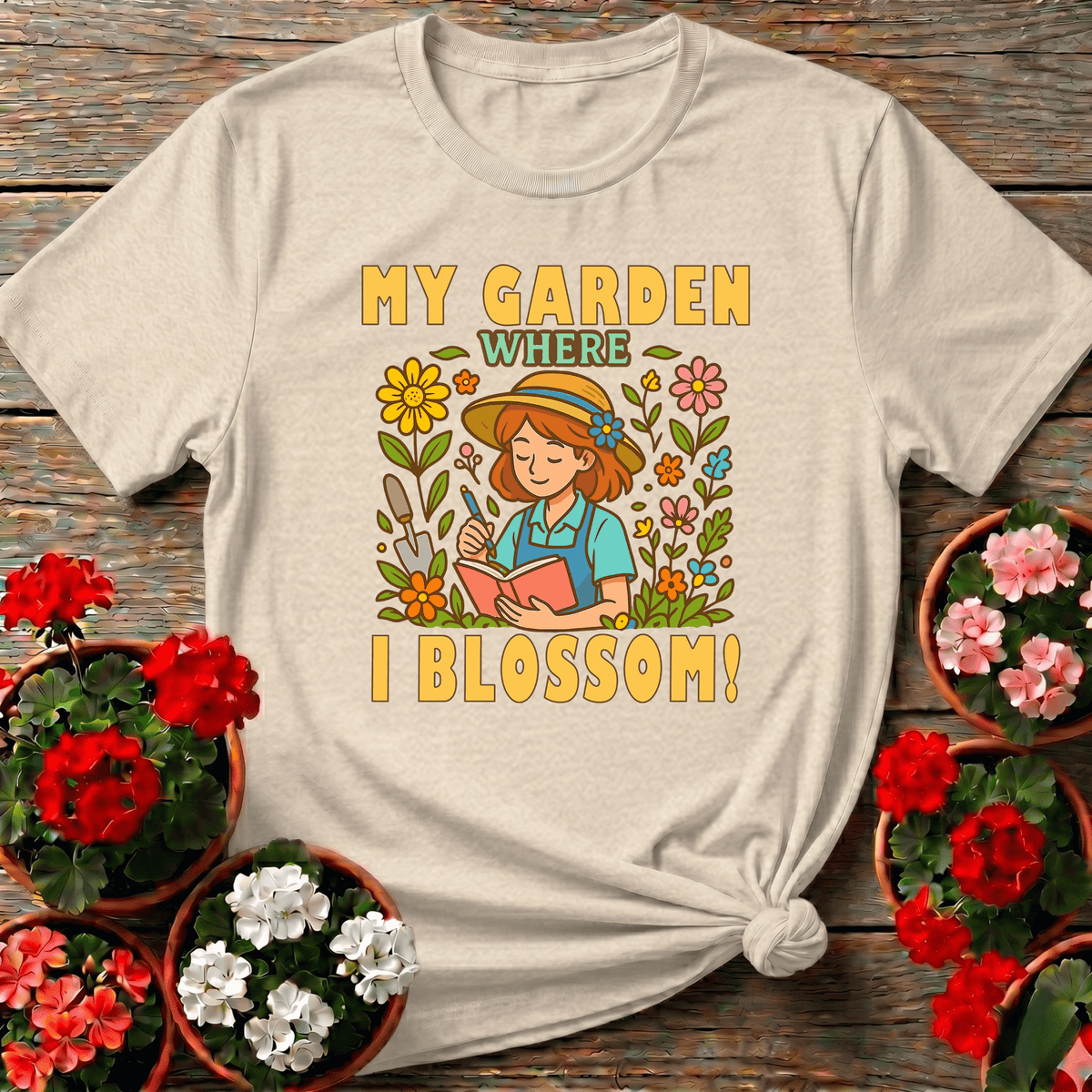 Natural seed-packet style floral gardening shirt with "My Garden Where I Blossom" for garden journalers