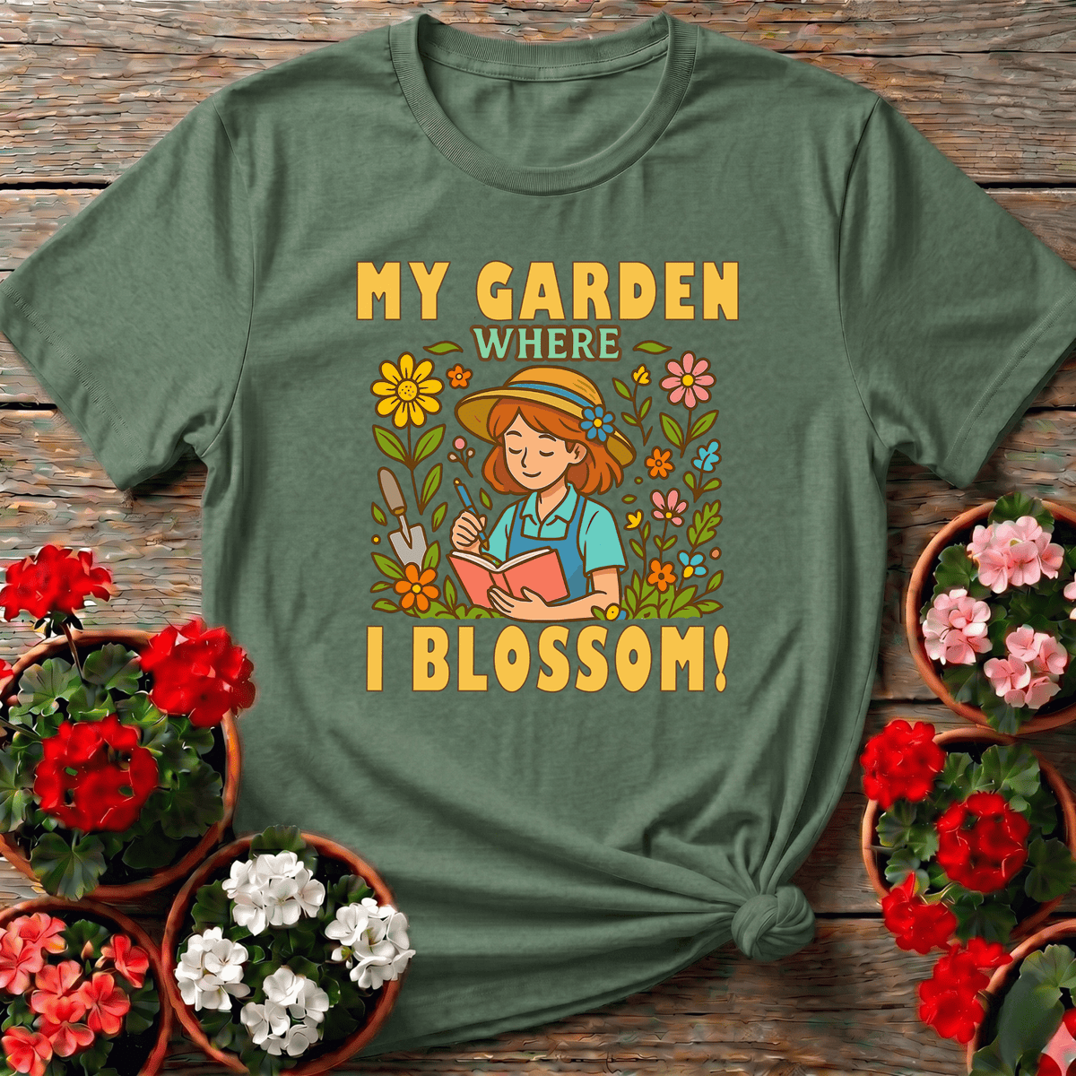 Military Green vintage botanical gardening tee with "My Garden Where I Blossom" for nature-loving women